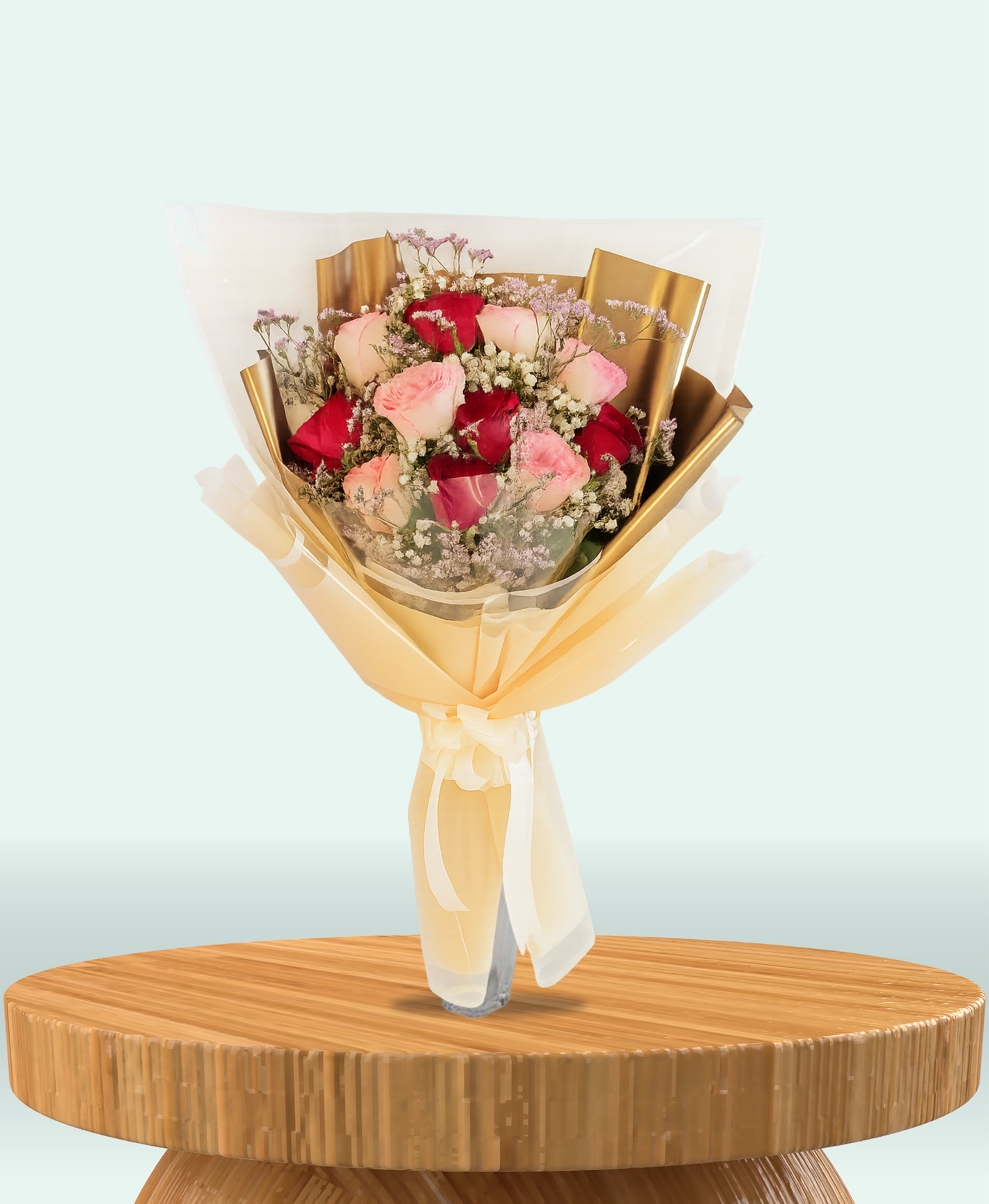 Golden Embrace – Blush & Burgundy Rose Bouquet